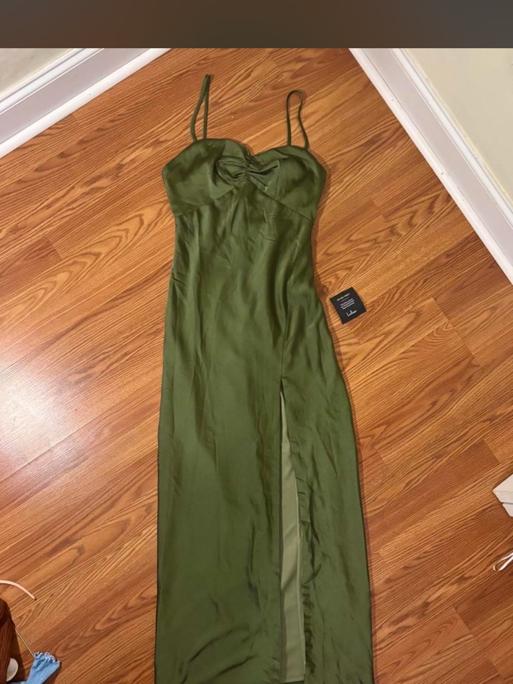 Lulu's Olive Green Satin Maxi Dress with Front Slit